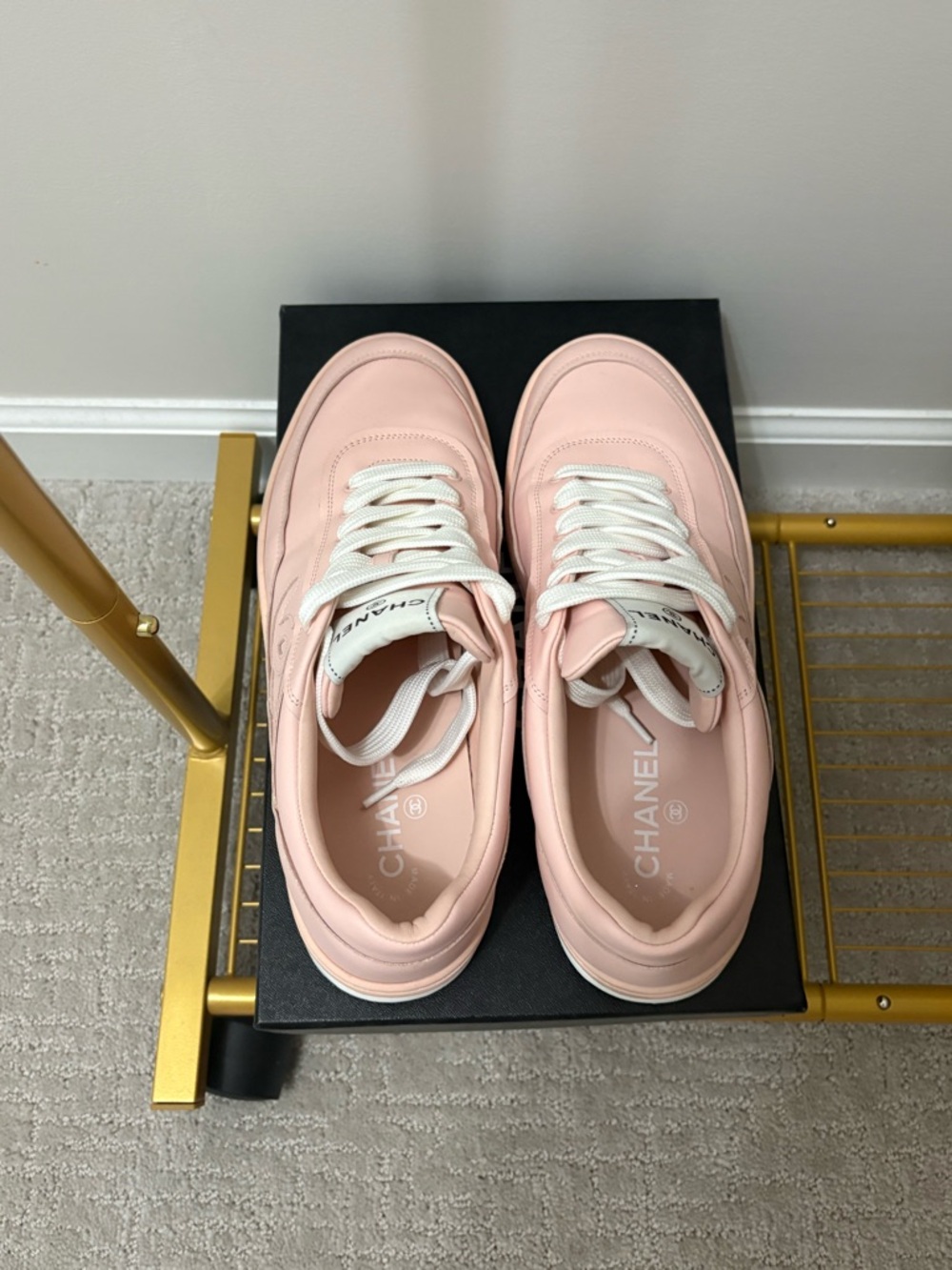 CHANEL Pink Leather Low-Top Sneakers with White Laces - Picture 7 of 8
